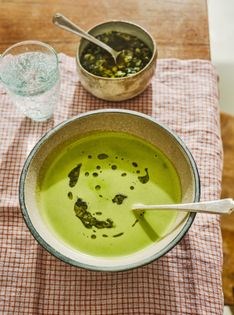 10-minute pea & tahini soup with charred lemon salsa
