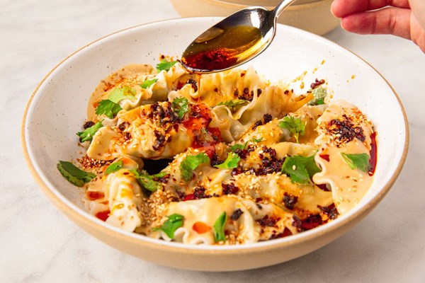 15-minute dumplings with peanut-chili sauce