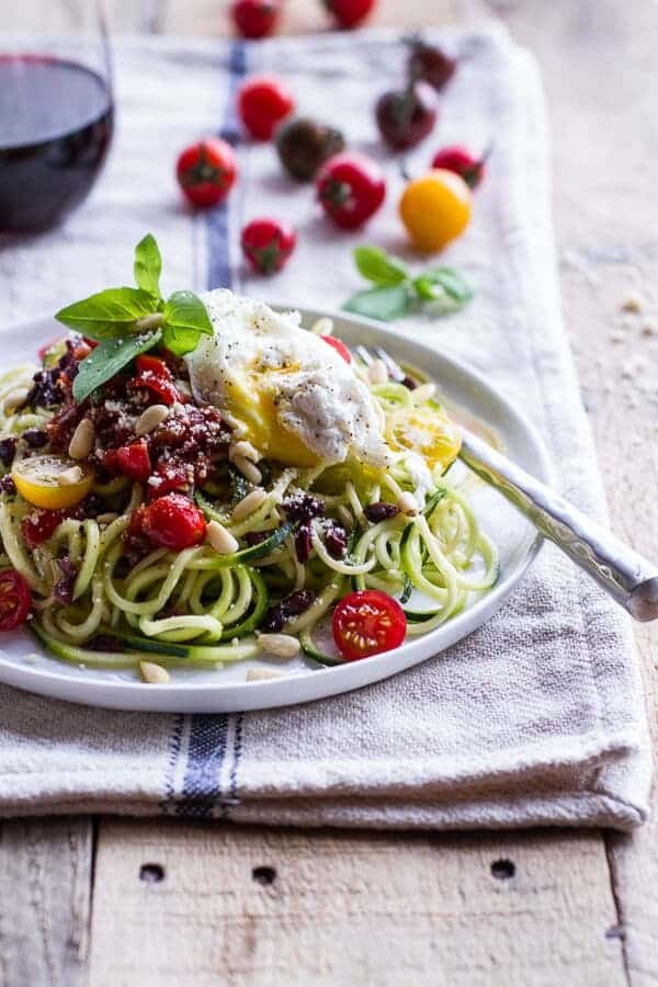 15-minute zucchini pasta w/ poached eggs and quick heirloom cherry tomato basil sauce