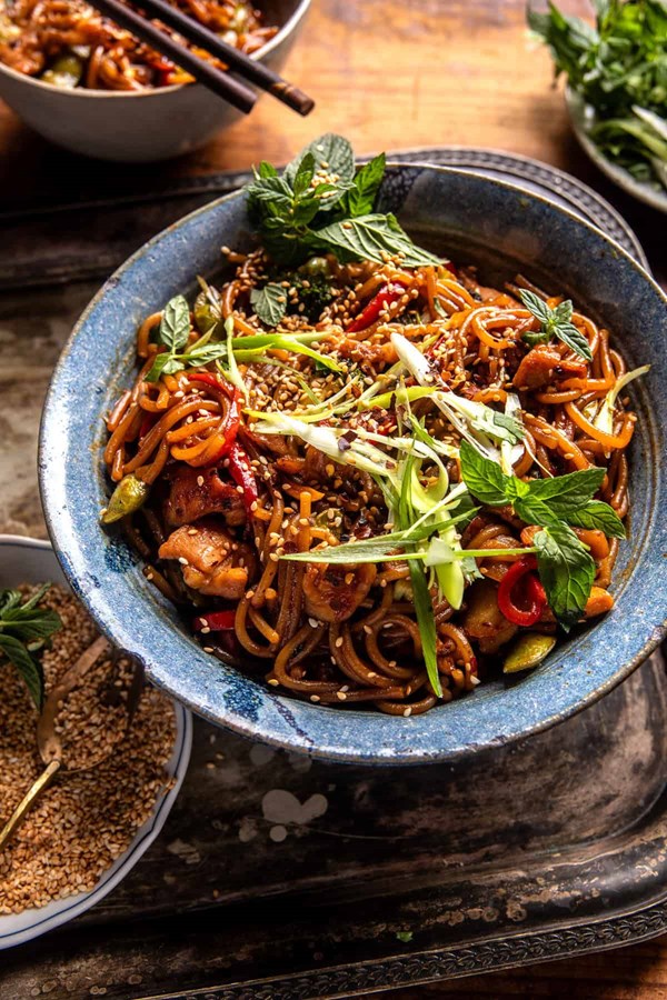 20 minute honey garlic chicken udon noodles