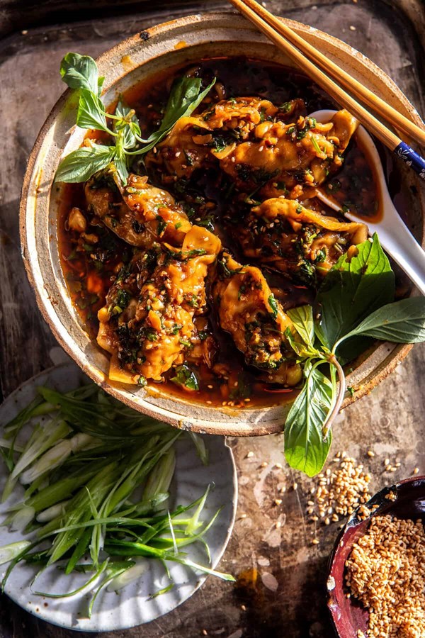 20 minute potstickers in red curry garlic oil