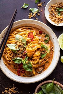 20 minute red curry noodles with fried coconut garlic