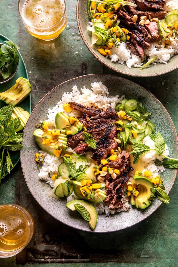 25 minute ginger steak mango cucumber bowls