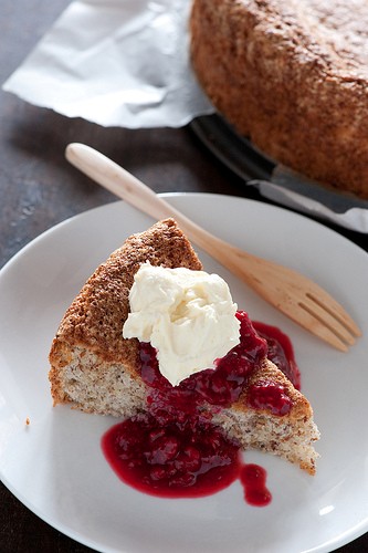 3 ingredient cake with quick raspberry sauce & cream