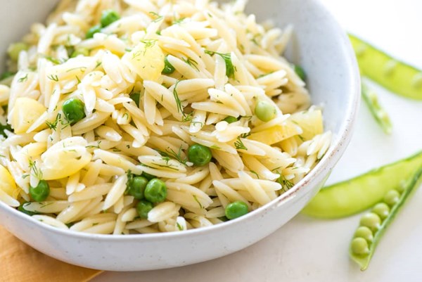 3-ingredient pasta salad: orzo + preserved lemons + dill + peas