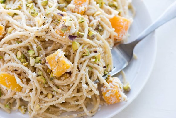 3-ingredient pasta salad: spaghetti + butternut squash + ricotta + pistachios
