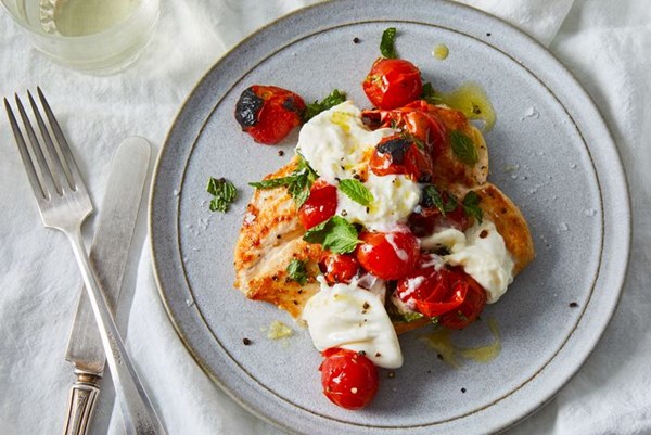 3-minute chicken with charred cherry tomatoes, burrata & mint 