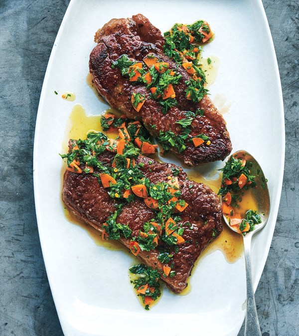 3-minute steaks with carrot chimichurri
