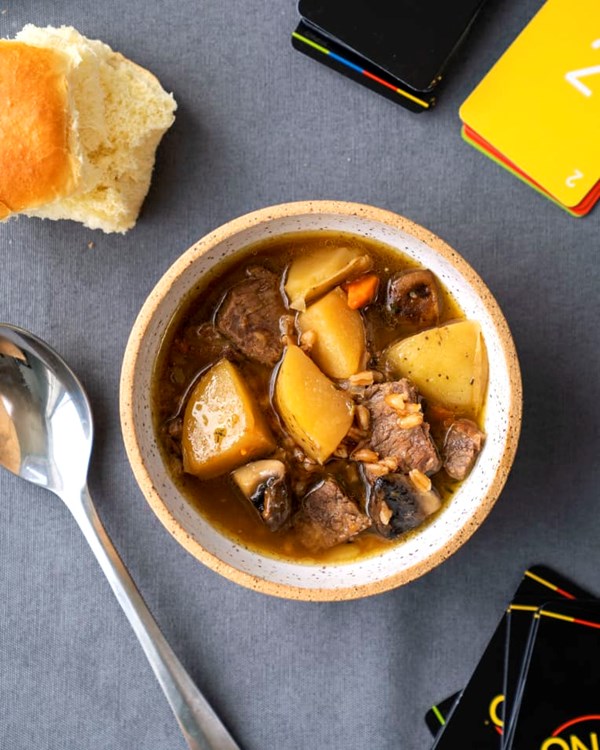 30-minute beef, mushroom, and farro soup