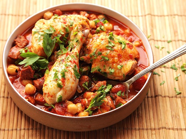 30-minute pressure cooker chicken with chickpeas, tomatoes, and chorizo