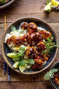 30 minute sticky Thai meatballs with sesame noodles