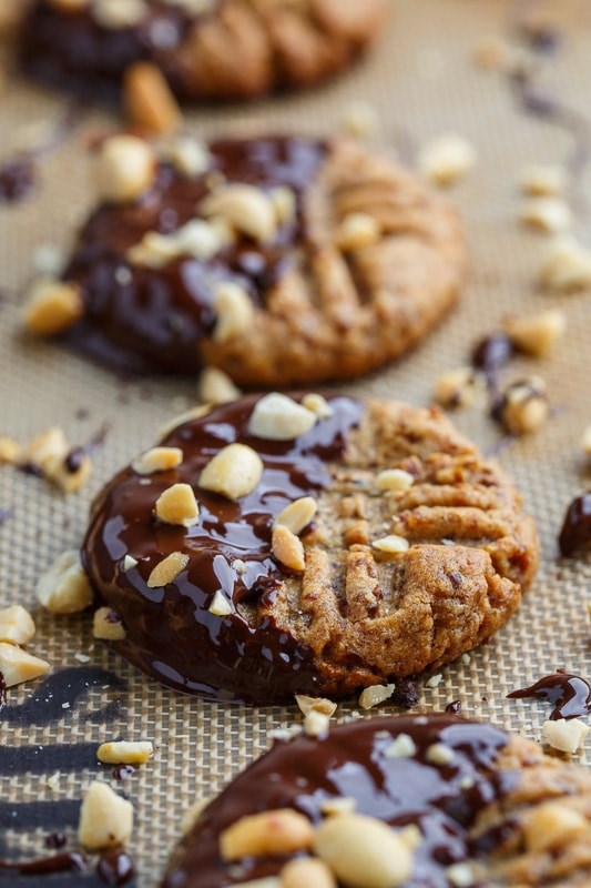 4 ingredient dark chocolate dipped peanut butter cookies