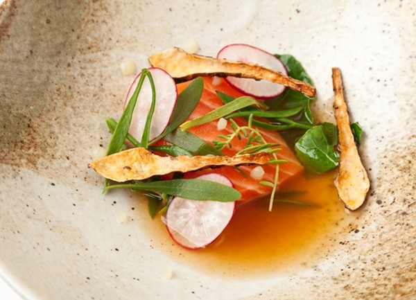 40°c salmon with potato juice, Jerusalem artichoke and sea vegetables
