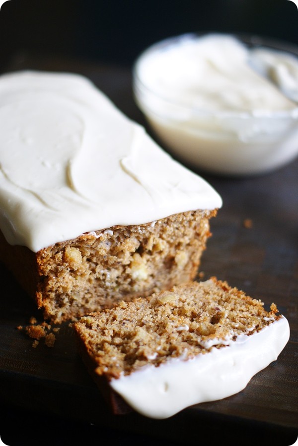 5-seed applesauce and honey bread with honey cream cheese frosting/schmear