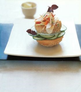 5-spice rubbed quail burger with green papaya ponzu sauce, and wasabi mayo