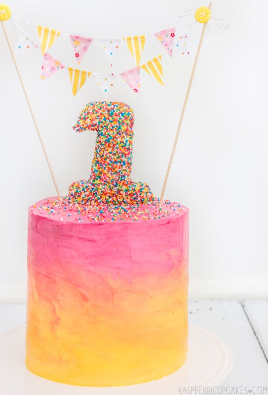 6-layer pink & yellow checkerboard cake with ombré icing