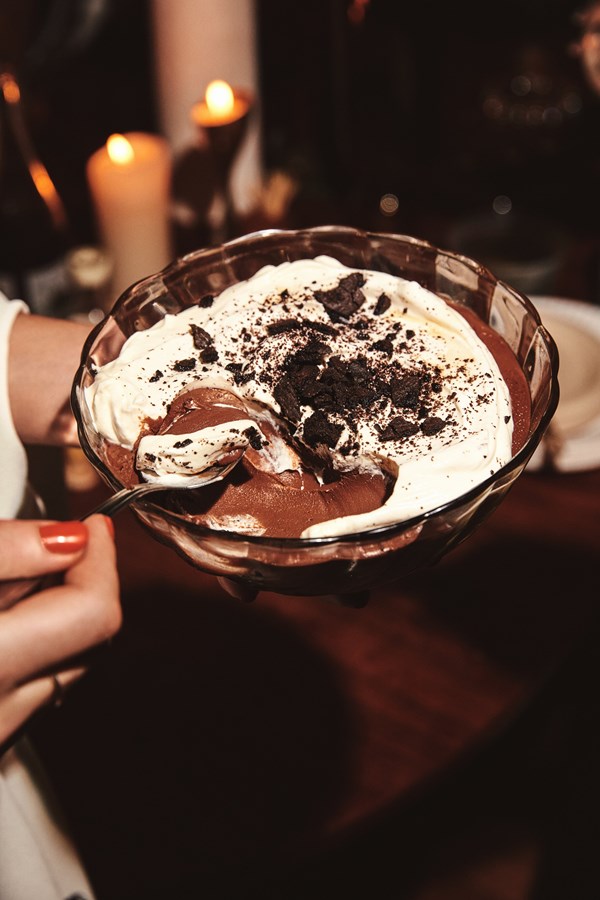 A bowl of salted chocolate pudding