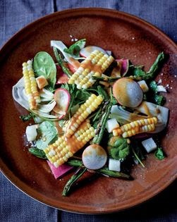 A composed salad: green beans, potato, corn, fennel, and radish