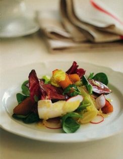A duck liver salad with Calvados, glazed apple & grapes