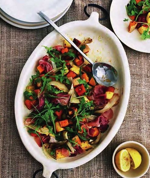 A great big salad of roasted squash, paneer, radicchio and Parma ham