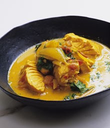 A mild and fruit curry of salmon