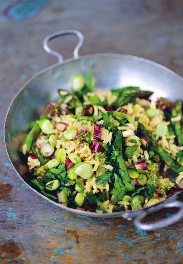 A pilaf of asparagus, broad beans, and mint