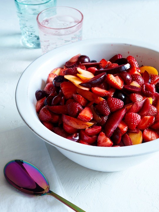 A rosy fruit salad with lemon-vanilla bean syrup