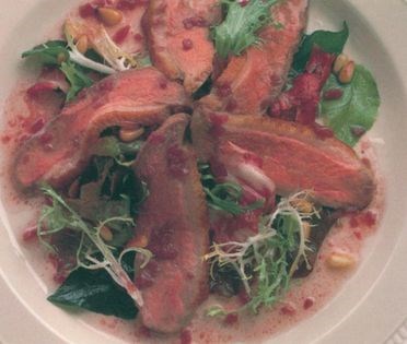 A salad of sliced duck breast, mixed lettuces and pine kernels served with a red wine dressing