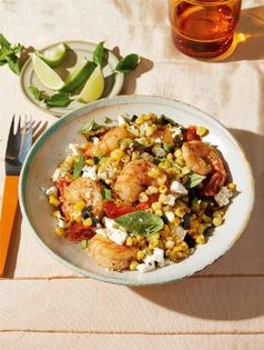 A summer corn salad with shrimp