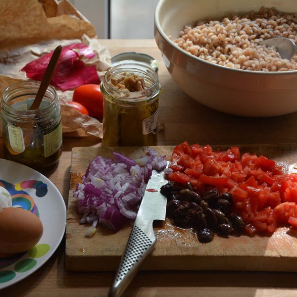 A summer salad of farro, eggs, tuna and capers
