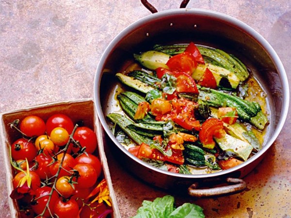 A supper of courgettes, tomatoes and basil