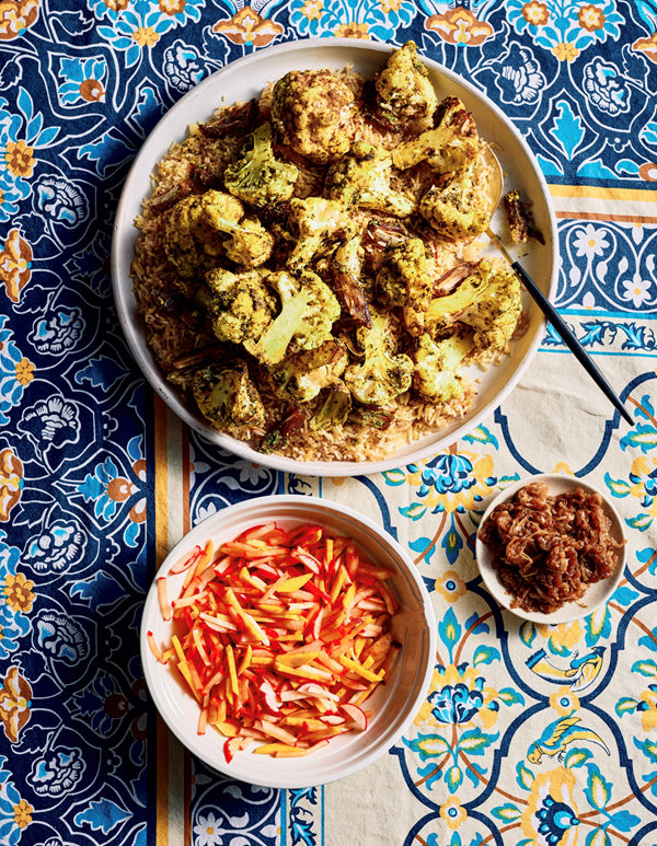 A sweet-spiced memory: Roasted cauliflower and dates over saffron rice