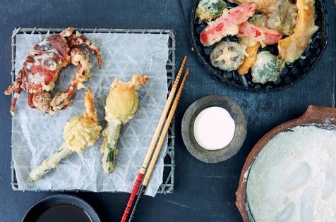A tempura night in: tempura of courgette flowers with a scallop, tofu & lemon mousse & tempura of soft-shell crab & vegetables 