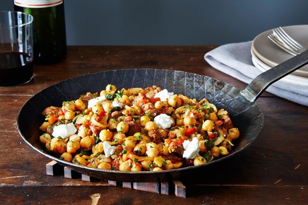A warm pan of chickpeas, chorizo, and chèvre