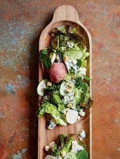 A water-themed salad: watermelon water ice, watercress tarator, water chestnuts
