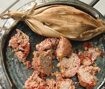 Abiquiu smoked chicken sausages in cornhusks