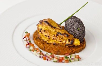 Achari pheasant, spiced aubergine, caviar and poppy seed-pheasant cake