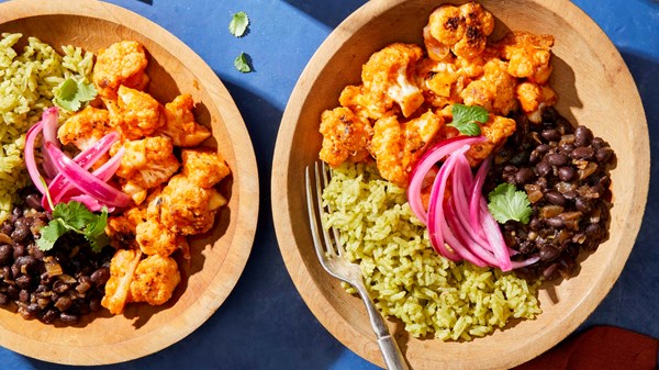 Achiote cauliflower with green poblano rice and black beans