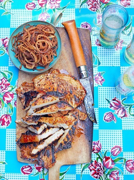 Achiote recado pork with chilli-fried onion rings