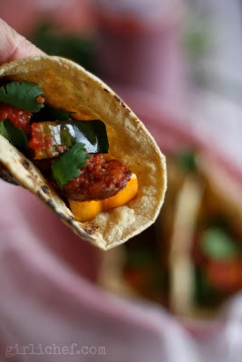 Acorn squash and chorizo seco tacos