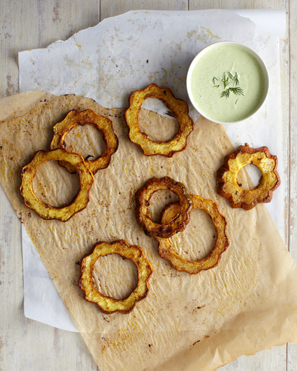 Acorn squash rounds with dill-cashew cream
