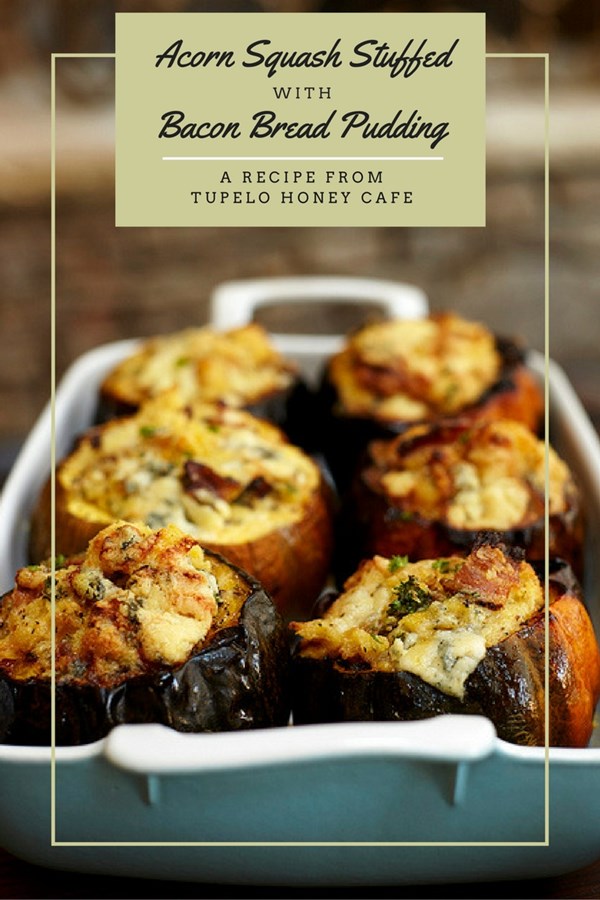 Acorn squash stuffed with bacon bread pudding