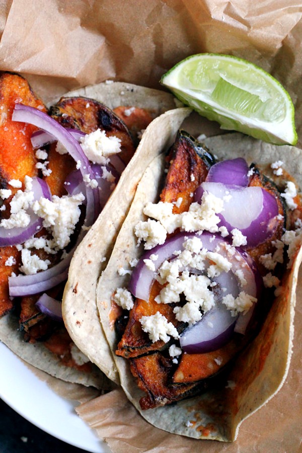 Acorn squash tempura tacos with smoked paprika-lime sauce