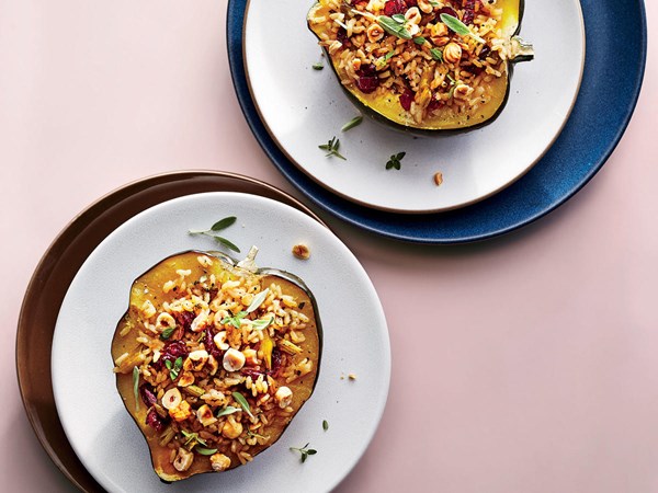 Acorn squash with sage-cranberry rice stuffing
