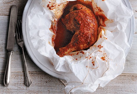 Adobo chicken in parchment