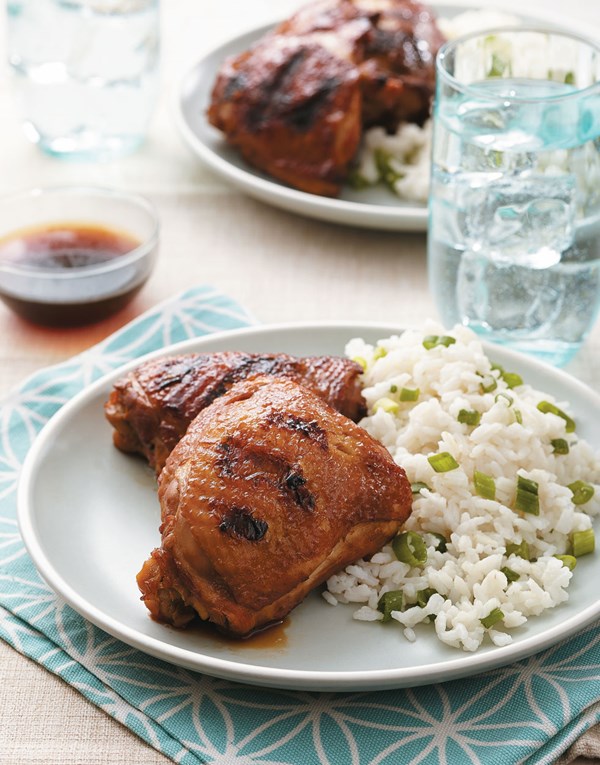 Adobo chicken thighs with scallion rice