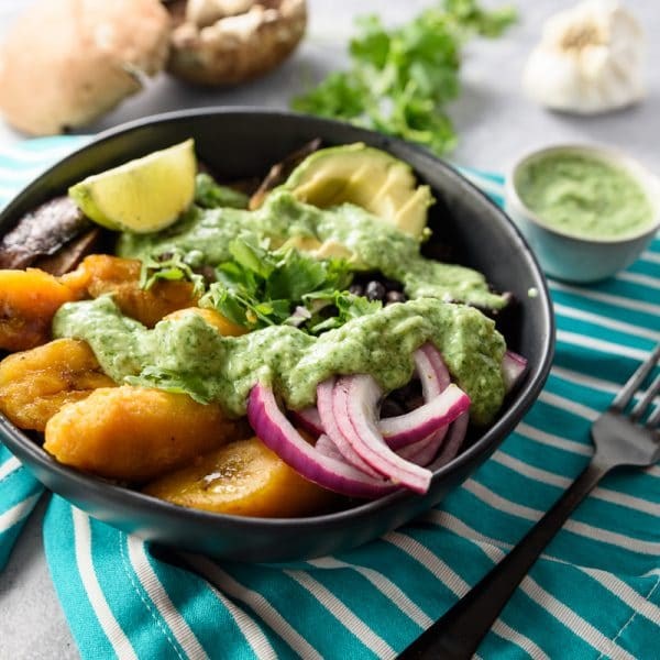 Adobo-spiced Buddha bowl with cilantro-jalapeño dressing