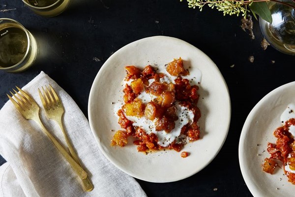Afghan pumpkin with yogurt and tomato sauces (Kaddo)