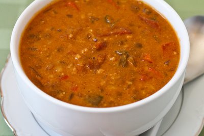 African inspired crockpot soup with peanut butter, chiles, brown rice, and lentils