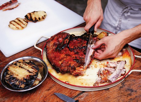 Agave-glazed pork belly with grilled pineapple